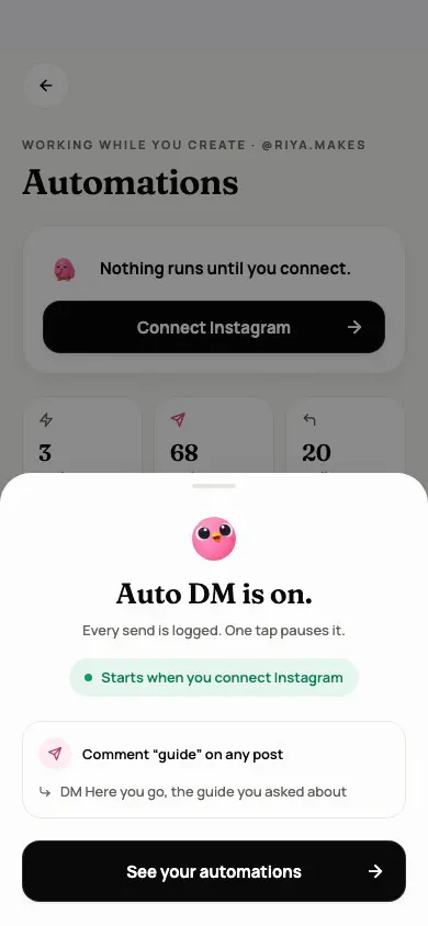 A new Auto DM rule being set up in the Creedom app and switched on
